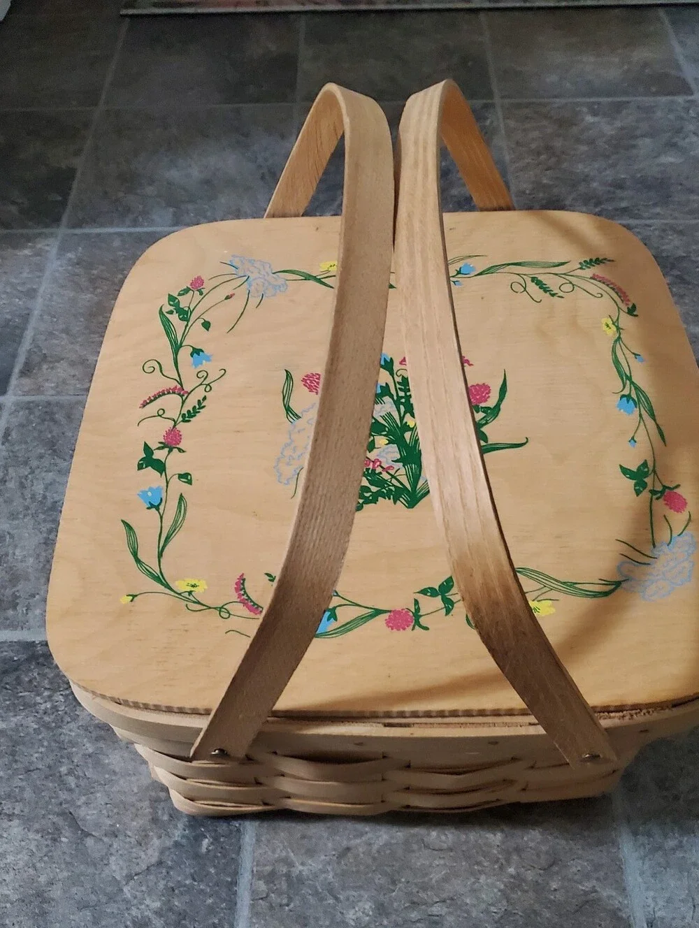 Basketville Double Pie Wood Basket for with Floral Design - Natural